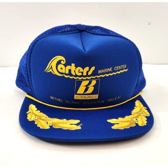 Carters Marine Center Bayliner Trucker Hat California Blue Yellow 1980s Vtg - Picture 1 of 9